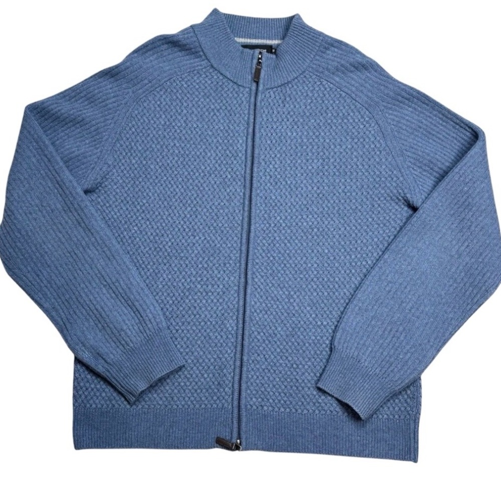 Bugatchi Blue Weave Knit Geelong Fine Merino Wool Blend 2 Way Zip Cardigan XL